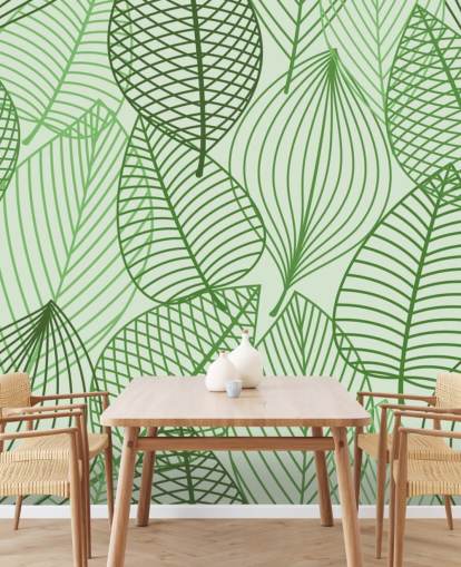 mural de papel de parede de folhas verdes chamado Green Autumnal Leaves para banheiros, quartos e escritórios