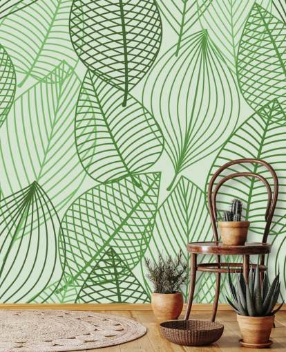 mural de papel pintado de hojas verdes llamado Hojas otoñales verdes para baños, dormitorios y oficinas