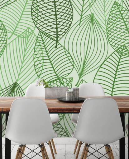 behangmuurschildering met groene bladeren genaamd Green Autumnal Leaves voor badkamers, slaapkamers en kantoren behangmuurschildering met groene bladeren genaamd Green Autumnal Leaves voor badkamers, slaapkamers en kantoren