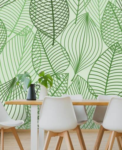 green leaf wallpaper mural called Green Autumnal Leaves for bathrooms, bedrooms and offices