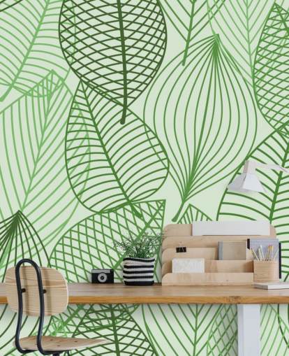 mural de papel de parede de folhas verdes chamado Green Autumnal Leaves para banheiros, quartos e escritórios