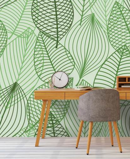 mural de papel pintado de hojas verdes llamado Hojas otoñales verdes para baños, dormitorios y oficinas