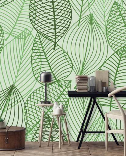 behangmuurschildering met groene bladeren genaamd Green Autumnal Leaves voor badkamers, slaapkamers en kantoren behangmuurschildering met groene bladeren genaamd Green Autumnal Leaves voor badkamers, slaapkamers en kantoren