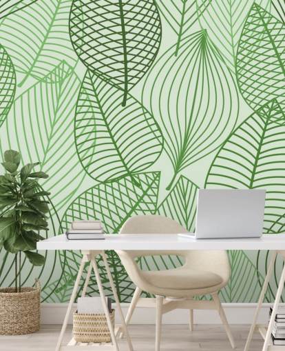 behangmuurschildering met groene bladeren genaamd Green Autumnal Leaves voor badkamers, slaapkamers en kantoren