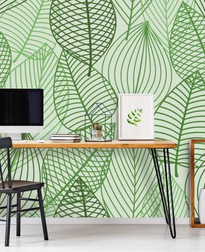 green leaf wallpaper mural called Green Autumnal Leaves for bathrooms, bedrooms and offices