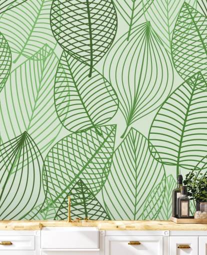 green leaf wallpaper mural called Green Autumnal Leaves for bathrooms, bedrooms and offices