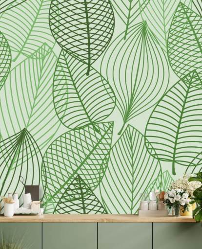 green leaf wallpaper mural called Green Autumnal Leaves for bathrooms, bedrooms and offices green leaf wallpaper mural called Green Autumnal Leaves for bathrooms, bedrooms and offices