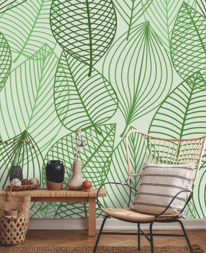 green leaf wallpaper mural called Green Autumnal Leaves for bathrooms, bedrooms and offices