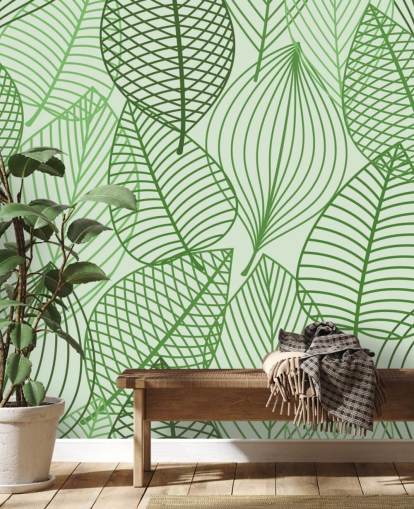 green leaf wallpaper mural called Green Autumnal Leaves for bathrooms, bedrooms and offices