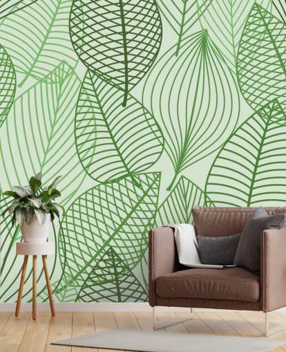 green leaf wallpaper mural called Green Autumnal Leaves for bathrooms, bedrooms and offices