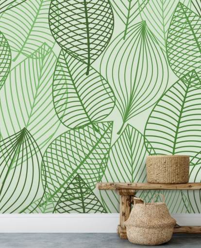 behangmuurschildering met groene bladeren genaamd Green Autumnal Leaves voor badkamers, slaapkamers en kantoren