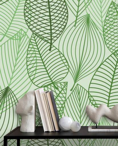 green leaf wallpaper mural called Green Autumnal Leaves for bathrooms, bedrooms and offices