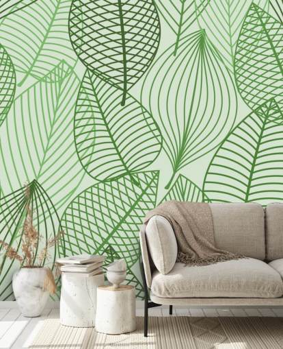 behangmuurschildering met groene bladeren genaamd Green Autumnal Leaves voor badkamers, slaapkamers en kantoren