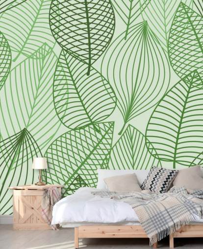 papier peint mural à feuilles vertes appelé Green Autumnal Leaves pour les salles de bain, les chambres et les bureaux