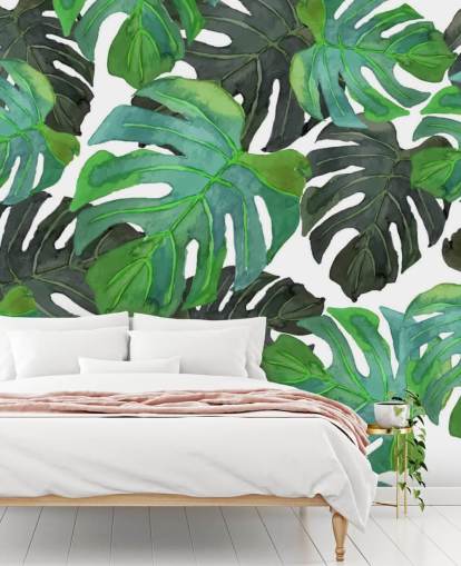 Dark and Light Green Tropical Palm Leaf Wallpaper