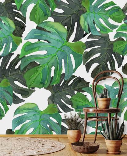 Papier peint feuilles de palmier tropical vert foncé et vert clair