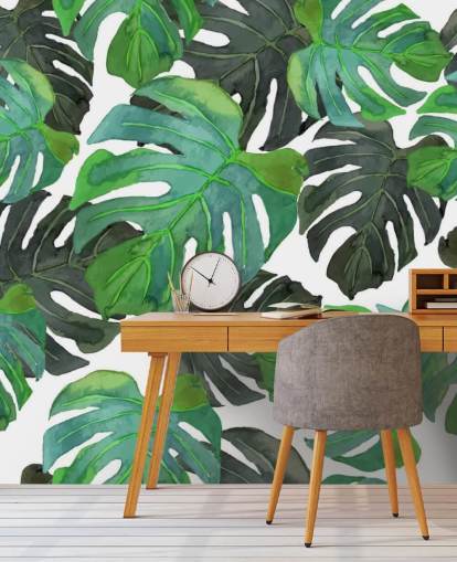 Donker en lichtgroen tropisch palmblad behang