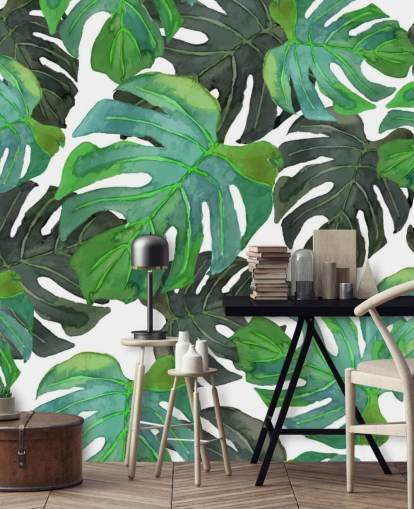 Dark and Light Green Tropical Palm Leaf Wallpaper