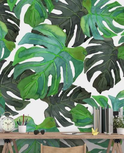 Carta da parati con foglie di palma tropicale verde scuro e chiaro