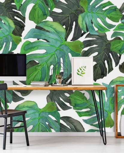 Papier peint feuilles de palmier tropical vert foncé et vert clair