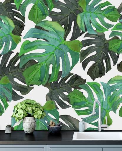 Dark and Light Green Tropical Palm Leaf Wallpaper