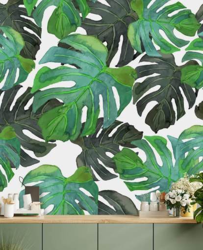 Donker en lichtgroen tropisch palmblad behang