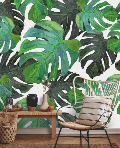 Papel de parede de folha de palmeira tropical verde escuro e claro