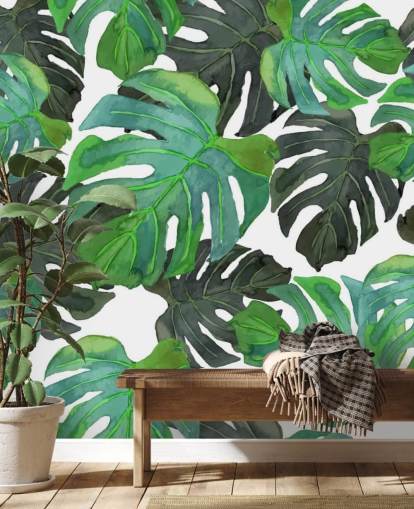 Papier peint feuilles de palmier tropical vert foncé et vert clair Papier peint feuilles de palmier tropical vert foncé et vert clair