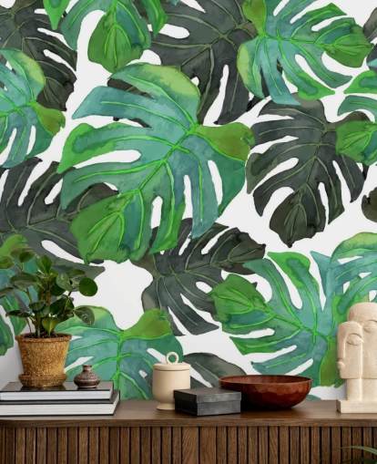 Dark and Light Green Tropical Palm Leaf Wallpaper