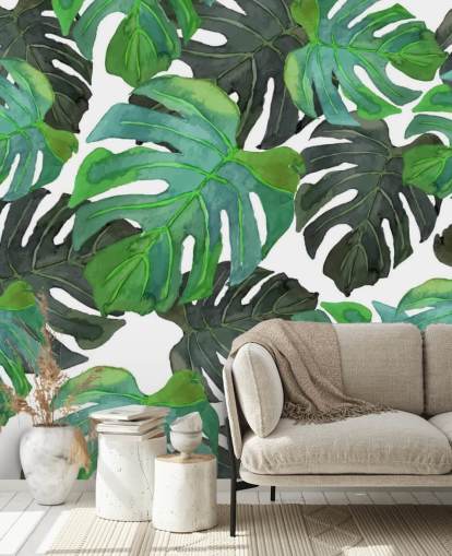 Papier peint feuilles de palmier tropical vert foncé et vert clair