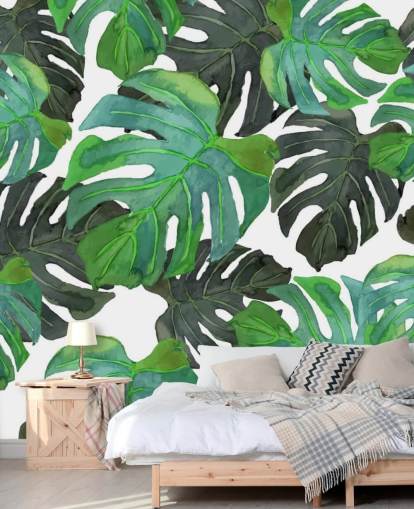 Papier peint feuilles de palmier tropical vert foncé et vert clair