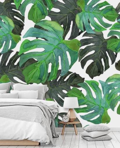 Papel de parede de folha de palmeira tropical verde escuro e claro