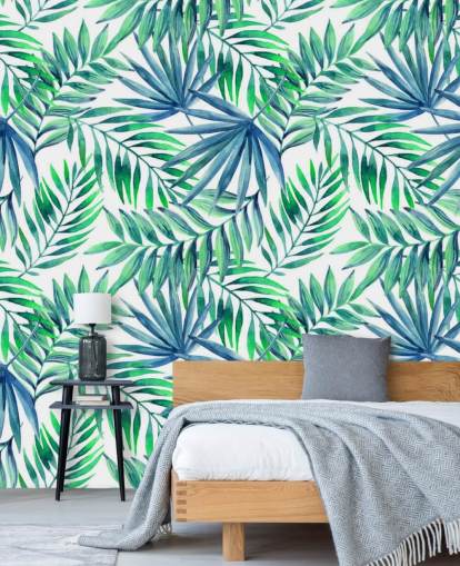 papel de parede de folhas tropicais em tons de azul e verde