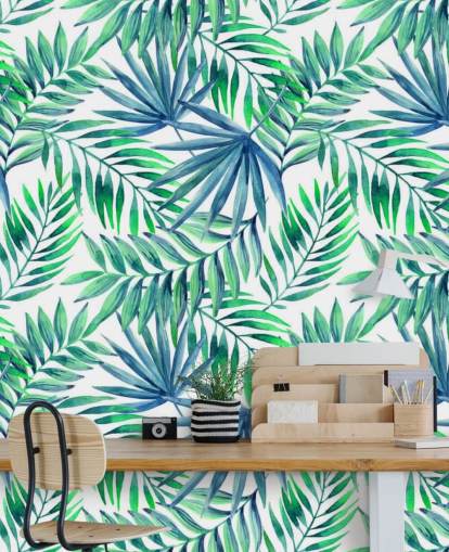 blue and green toned tropical leaves wallpaper