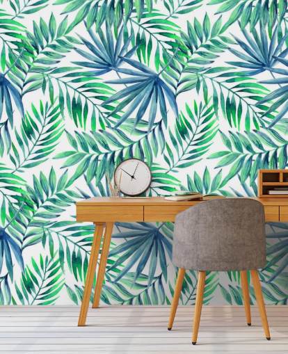 blue and green toned tropical leaves wallpaper