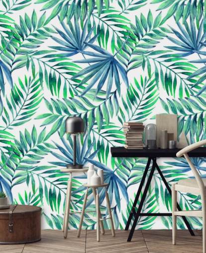 carta da parati con foglie tropicali dai toni blu e verdi