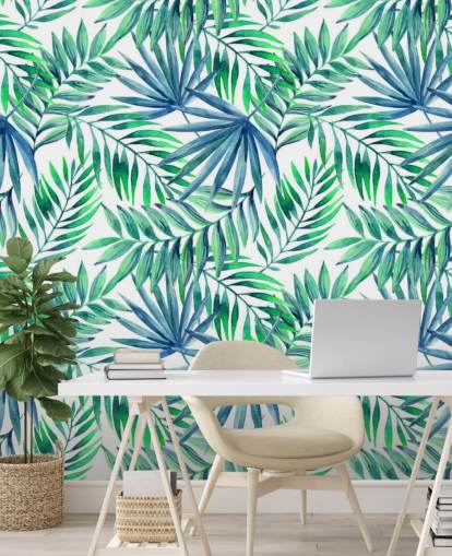 blue and green toned tropical leaves wallpaper