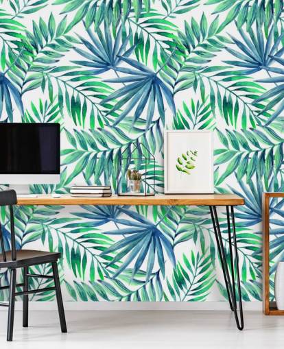papier peint feuilles tropicales aux tons bleus et verts