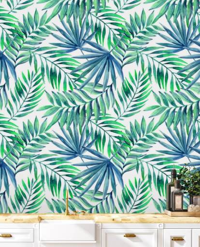 papel de parede de folhas tropicais em tons de azul e verde