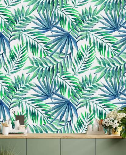papier peint feuilles tropicales aux tons bleus et verts papier peint feuilles tropicales aux tons bleus et verts