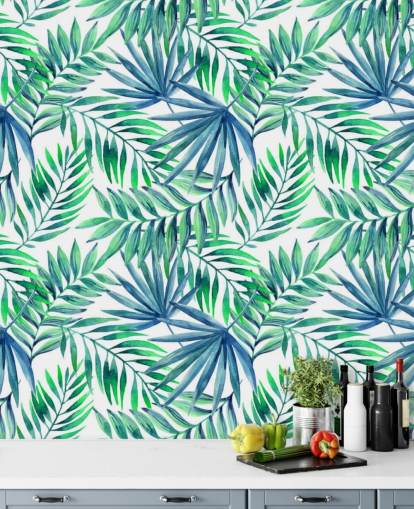 blue and green toned tropical leaves wallpaper