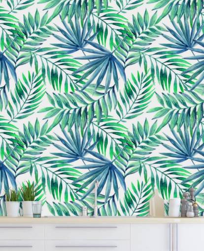 blue and green toned tropical leaves wallpaper