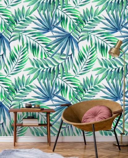 papel de parede de folhas tropicais em tons de azul e verde