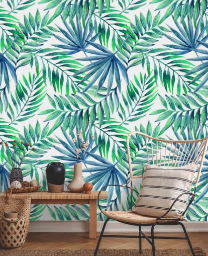 blue and green toned tropical leaves wallpaper