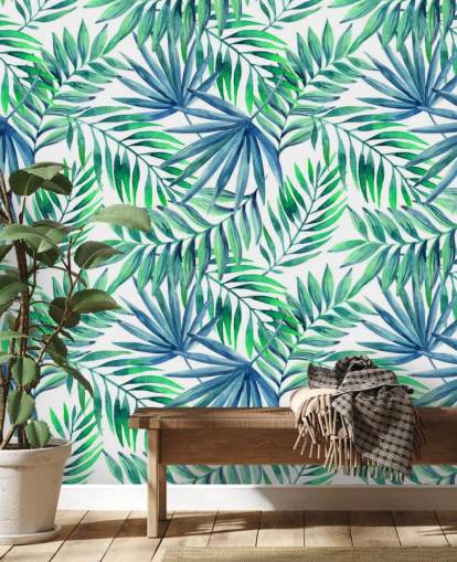 papel pintado de hojas tropicales en tonos azules y verdes papel pintado de hojas tropicales en tonos azules y verdes
