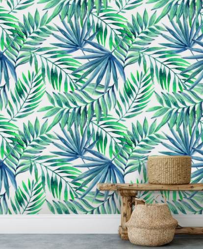 blue and green toned tropical leaves wallpaper