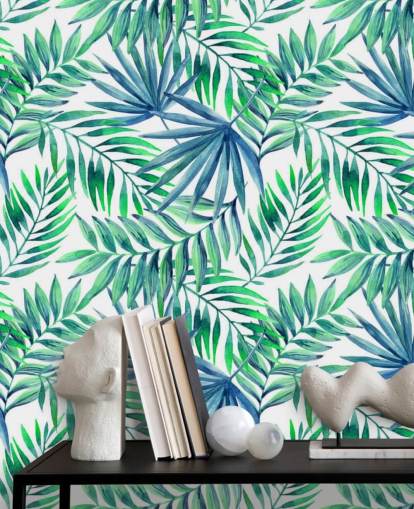 blue and green toned tropical leaves wallpaper