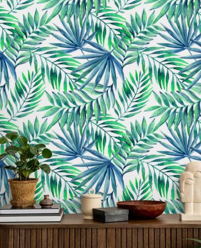 blue and green toned tropical leaves wallpaper