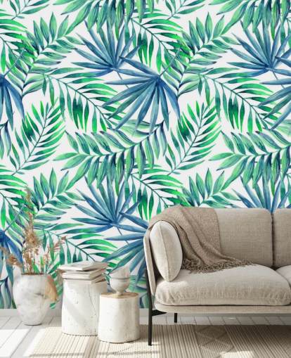 papel de parede de folhas tropicais em tons de azul e verde