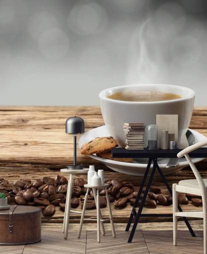 Hot Coffee Biscuit and Spilled Coffee Beans Wallpaper Hot Coffee Biscuit and Spilled Coffee Beans Wallpaper